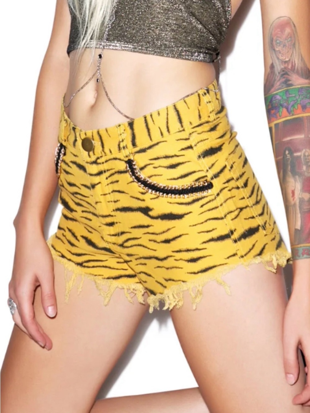 English Rose "Into The Wild" Tiger Print Denim Shorts w/Gold Chain Trim Sz Small